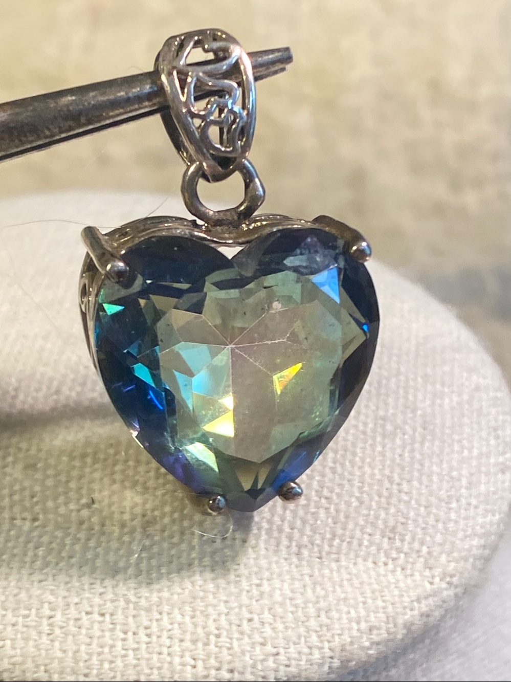 Vintage Mystic Topaz Heart Pendant Sterling Silver 925 Large Faceted Blue Green